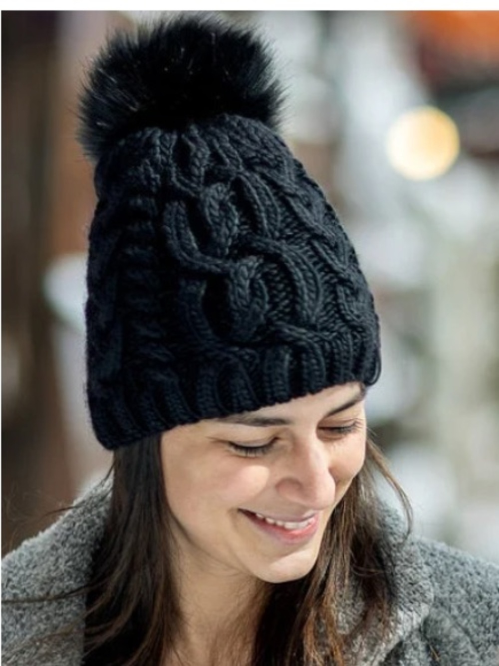 Bula Cable knit Pom Pom Inner Fleece Toque Black